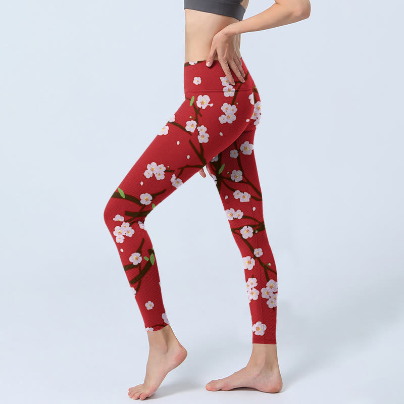 Buddha Stones Plum Blossoms Branches Leaves Pattern Print Gym Leggings Women's Yoga Pants - image 3