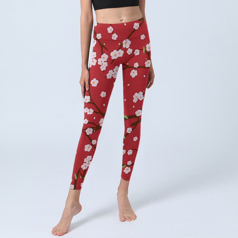 Buddha Stones Plum Blossoms Branches Leaves Pattern Print Gym Leggings Women's Yoga Pants - image 6