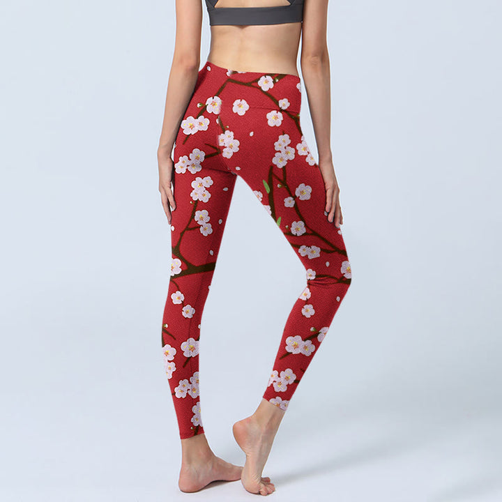 Buddha Stones Plum Blossoms Branches Leaves Pattern Print Gym Leggings Women's Yoga Pants - image 4