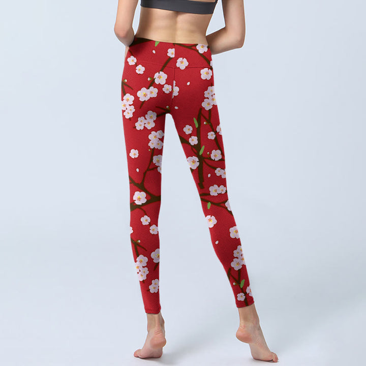 Buddha Stones Plum Blossoms Branches Leaves Pattern Print Gym Leggings Women's Yoga Pants - image 7