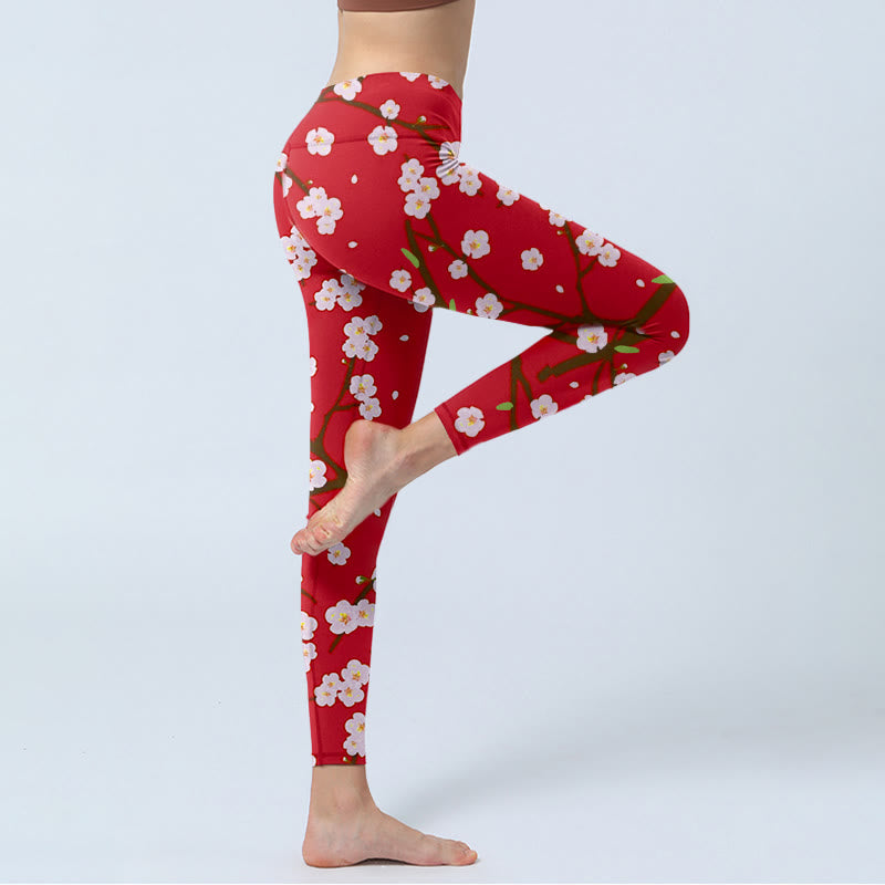 Buddha Stones Plum Blossoms Branches Leaves Pattern Print Gym Leggings Women's Yoga Pants - image 5