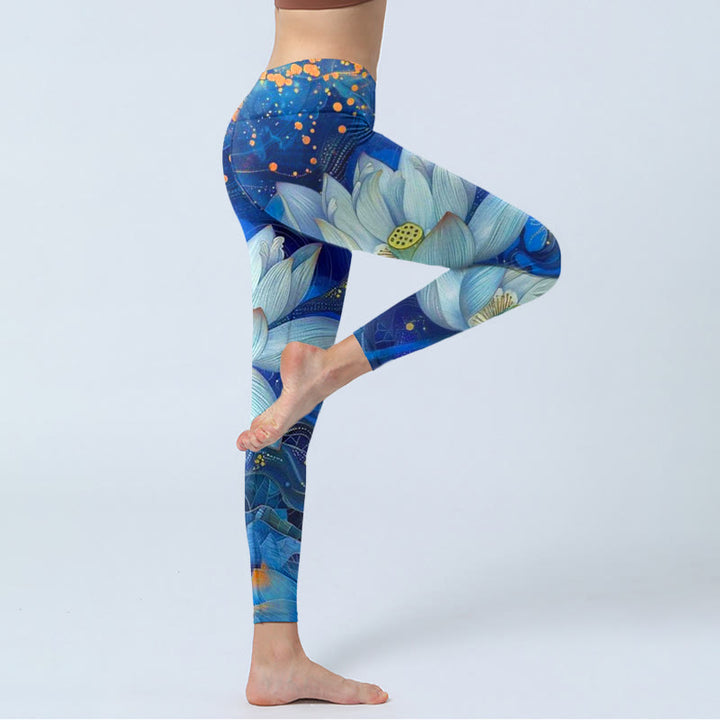 Buddha Stones Blooming White Lotus Pattern Print Gym Leggings Women's Yoga Pants - image 4