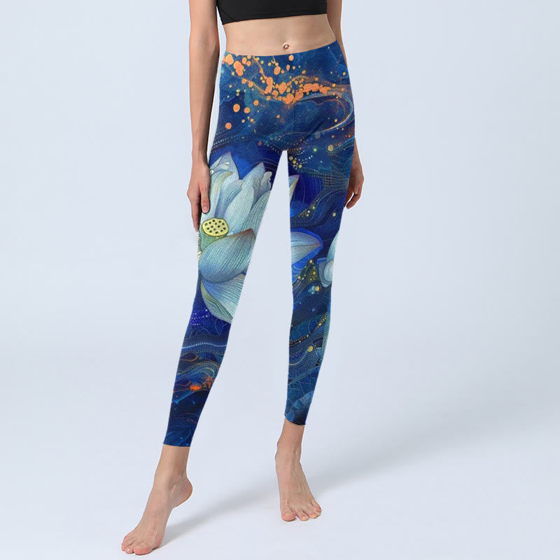Buddha Stones Blooming White Lotus Pattern Print Gym Leggings Women's Yoga Pants - image 6