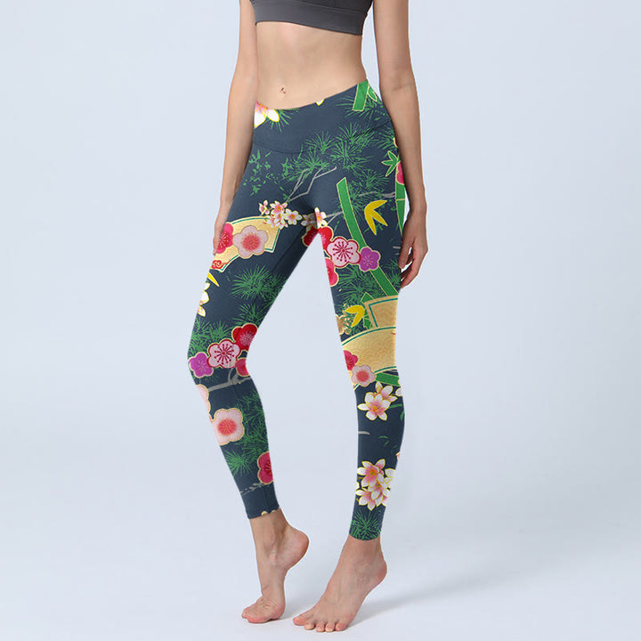 Buddha Stones Cherry Blossoms Bamboo Pine Tree Print Gym Leggings Women's Yoga Pants - DarkGreen - US18,UK/AU22,EU50 (4XL) - image 1
