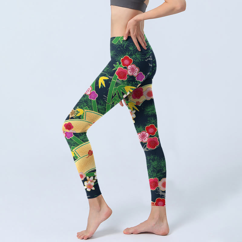 Buddha Stones Cherry Blossoms Bamboo Pine Tree Print Gym Leggings Women's Yoga Pants - image 3
