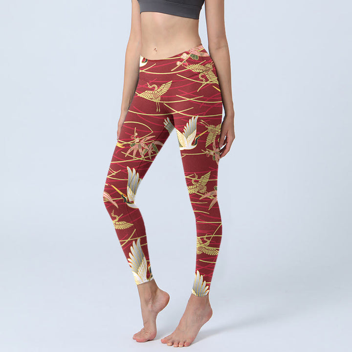 Buddha Stones Flying Cranes Slender Branches Print Gym Leggings Women's Yoga Pants - FireBrick - US18,UK/AU22,EU50 (4XL) - image 1