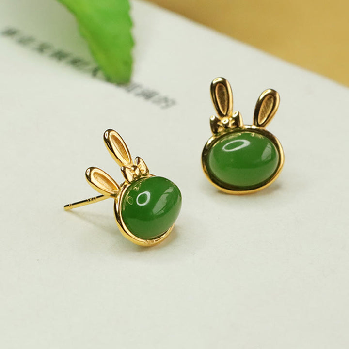 Buddha Stones 925 Sterling Silver Hetian Cyan Jade Cute Rabbit Luck Stud Earrings