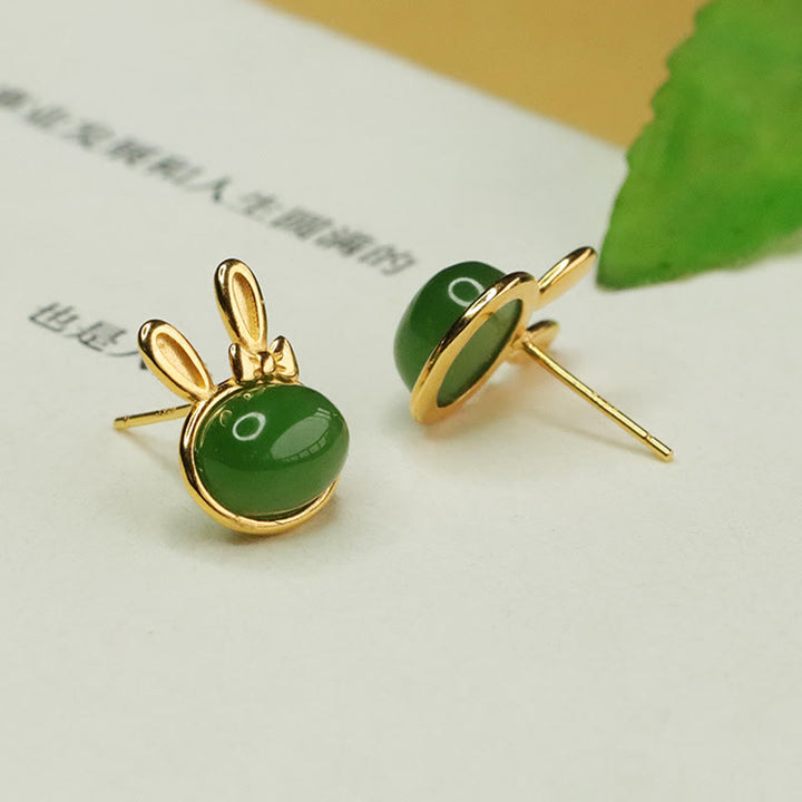 Buddha Stones 925 Sterling Silver Hetian Cyan Jade Cute Rabbit Luck Stud Earrings