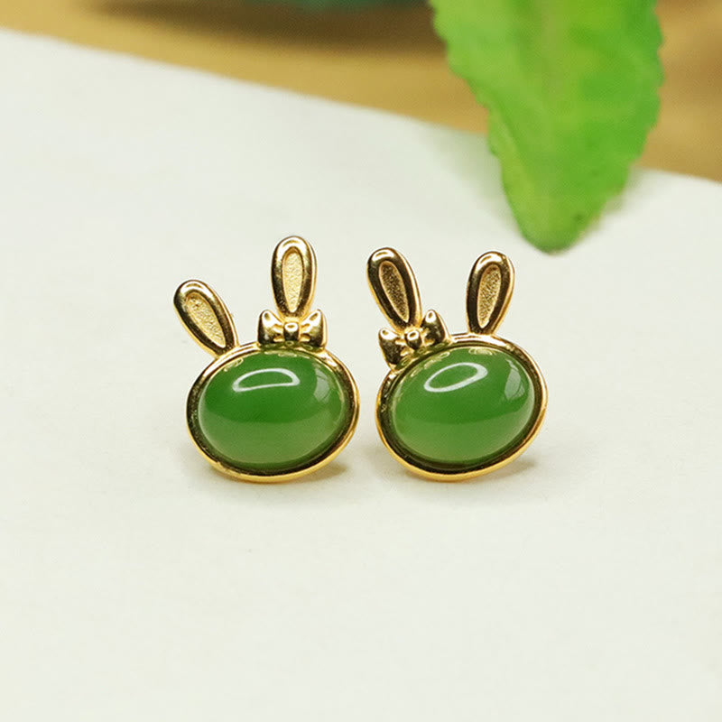Buddha Stones 925 Sterling Silver Hetian Cyan Jade Cute Rabbit Luck Stud Earrings