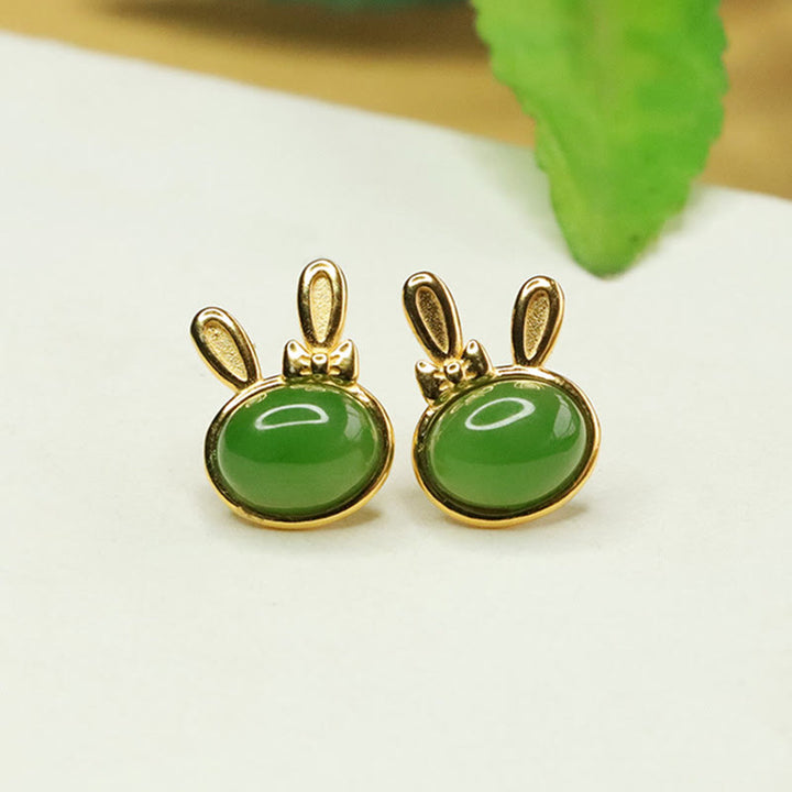 Buddha Stones 925 Sterling Silver Hetian Cyan Jade Cute Rabbit Luck Stud Earrings
