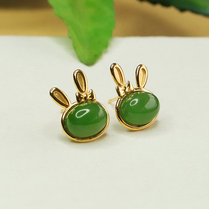 Buddha Stones 925 Sterling Silver Hetian Cyan Jade Cute Rabbit Luck Stud Earrings