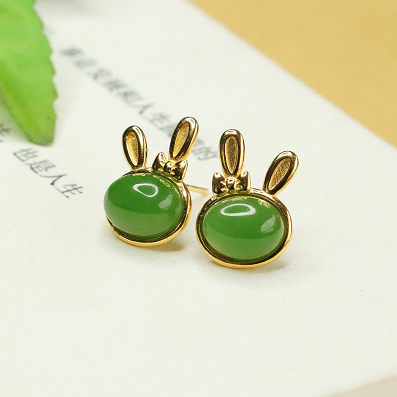 Buddha Stones 925 Sterling Silver Hetian Cyan Jade Cute Rabbit Luck Stud Earrings