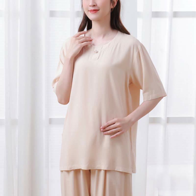 Buddha Stones 2pcs Plain Color Frog-Button Simple Design Crew Neck Design Half Sleeve Shirt Top Elastic Waist Pants Meditation Zen Tai Chi Cotton Clothing Women's Set