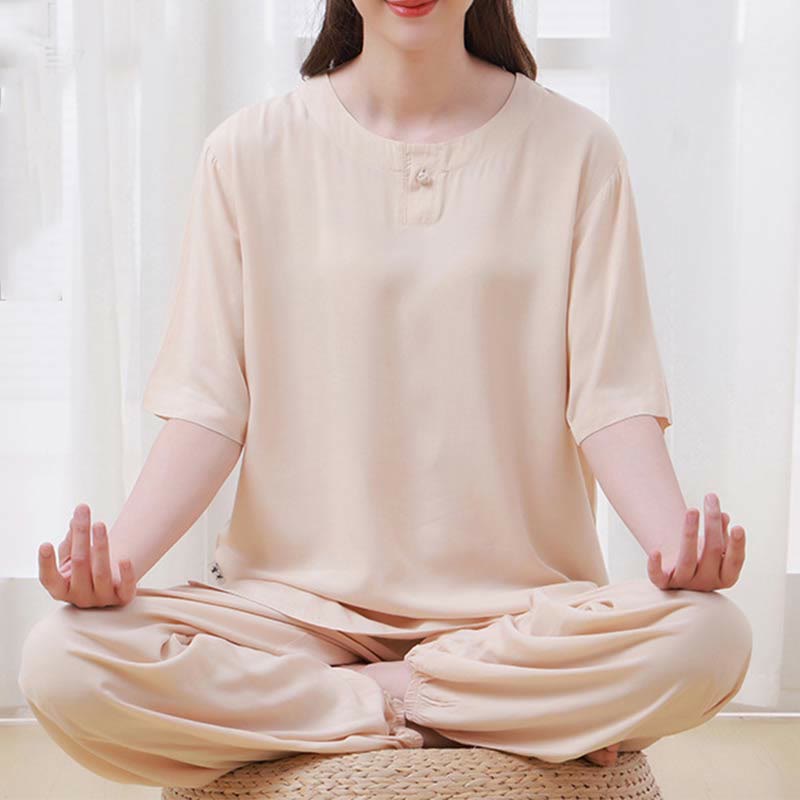 Buddha Stones 2pcs Plain Color Frog-Button Simple Design Crew Neck Design Half Sleeve Shirt Top Elastic Waist Pants Meditation Zen Tai Chi Cotton Clothing Women's Set
