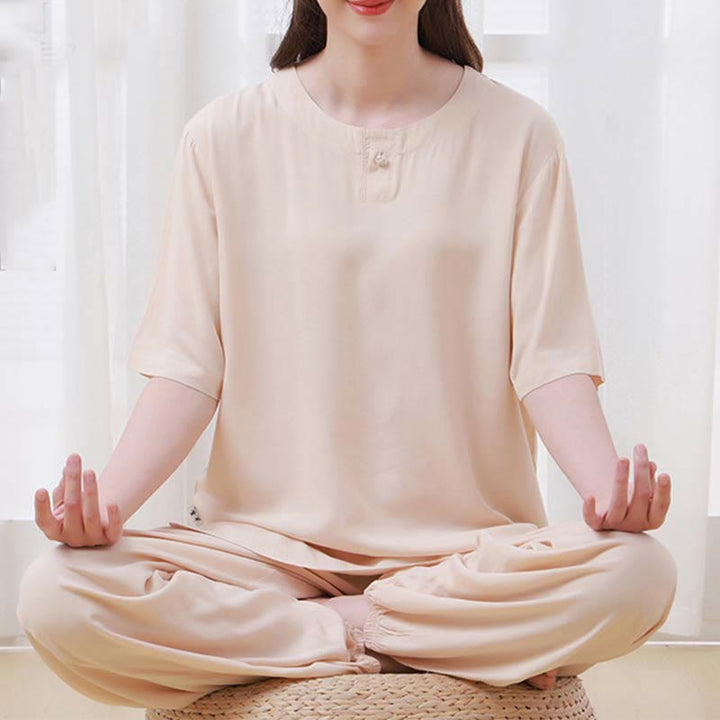 Buddha Stones 2pcs Plain Color Frog-Button Simple Design Crew Neck Design Half Sleeve Shirt Top Elastic Waist Pants Meditation Zen Tai Chi Cotton Clothing Women's Set