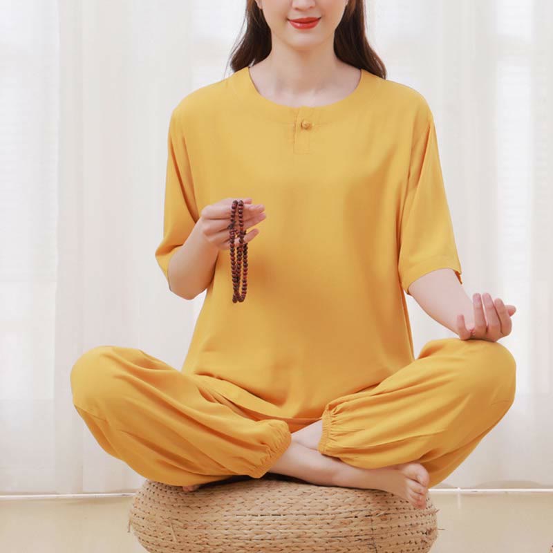 Buddha Stones 2pcs Plain Color Frog-Button Simple Design Crew Neck Design Half Sleeve Shirt Top Elastic Waist Pants Meditation Zen Tai Chi Cotton Clothing Women's Set