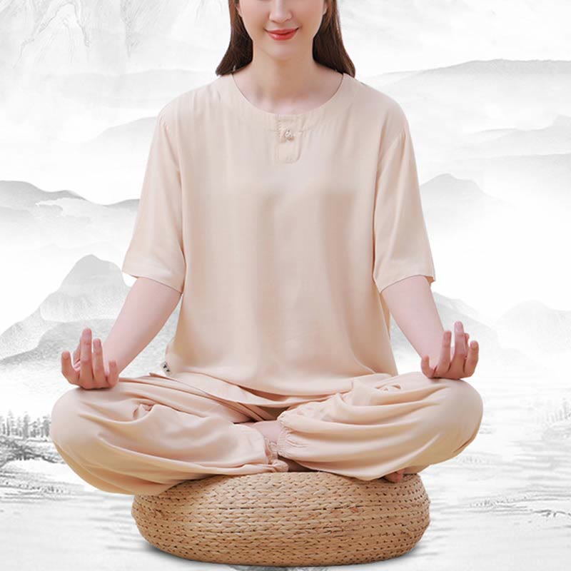 Buddha Stones 2pcs Plain Color Frog-Button Simple Design Crew Neck Design Half Sleeve Shirt Top Elastic Waist Pants Meditation Zen Tai Chi Cotton Clothing Women's Set