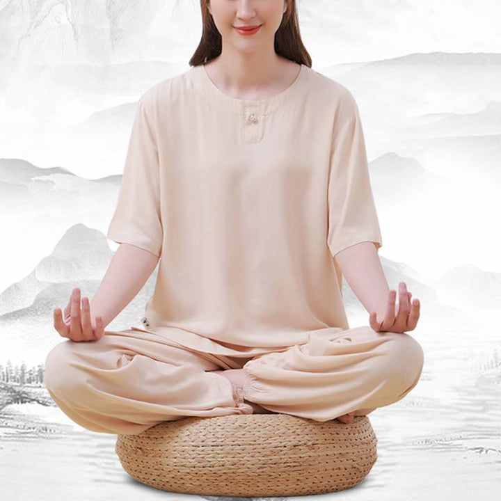 Buddha Stones 2pcs Plain Color Frog-Button Simple Design Crew Neck Design Half Sleeve Shirt Top Elastic Waist Pants Meditation Zen Tai Chi Cotton Clothing Women's Set