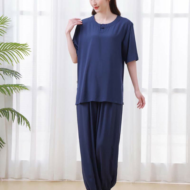 Buddha Stones 2pcs Plain Color Frog-Button Simple Design Crew Neck Design Half Sleeve Shirt Top Elastic Waist Pants Meditation Zen Tai Chi Cotton Clothing Women's Set