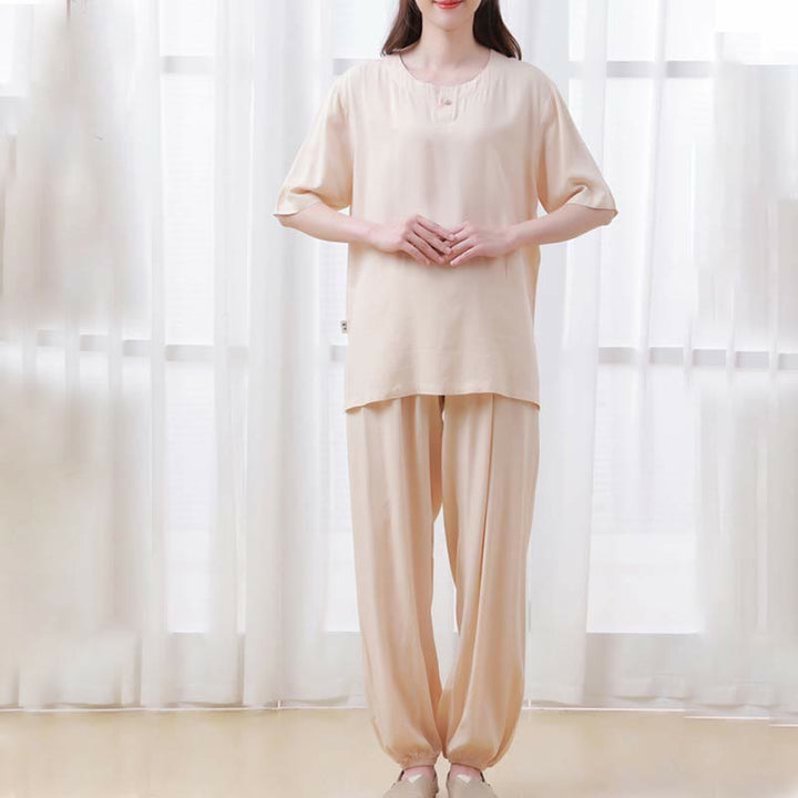 Buddha Stones 2pcs Plain Color Frog-Button Simple Design Crew Neck Design Half Sleeve Shirt Top Elastic Waist Pants Meditation Zen Tai Chi Cotton Clothing Women's Set