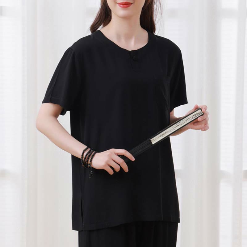 Buddha Stones 2pcs Plain Color Frog-Button Simple Design Crew Neck Design Half Sleeve Shirt Top Elastic Waist Pants Meditation Zen Tai Chi Cotton Clothing Women's Set