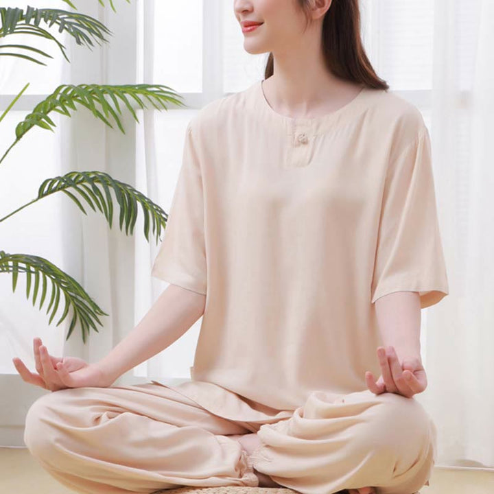 Buddha Stones 2pcs Plain Color Frog-Button Simple Design Crew Neck Design Half Sleeve Shirt Top Elastic Waist Pants Meditation Zen Tai Chi Cotton Clothing Women's Set