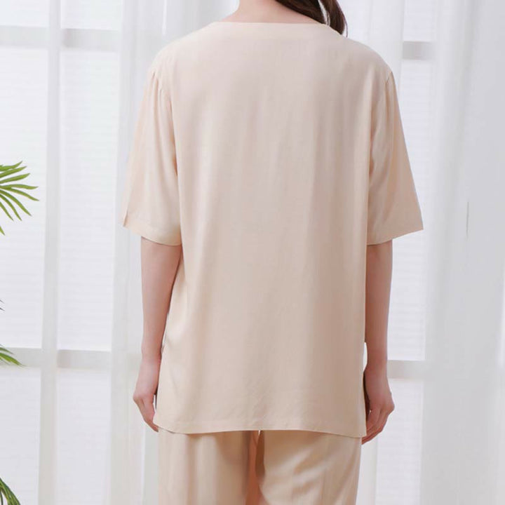 Buddha Stones 2pcs Plain Color Frog-Button Simple Design Crew Neck Design Half Sleeve Shirt Top Elastic Waist Pants Meditation Zen Tai Chi Cotton Clothing Women's Set