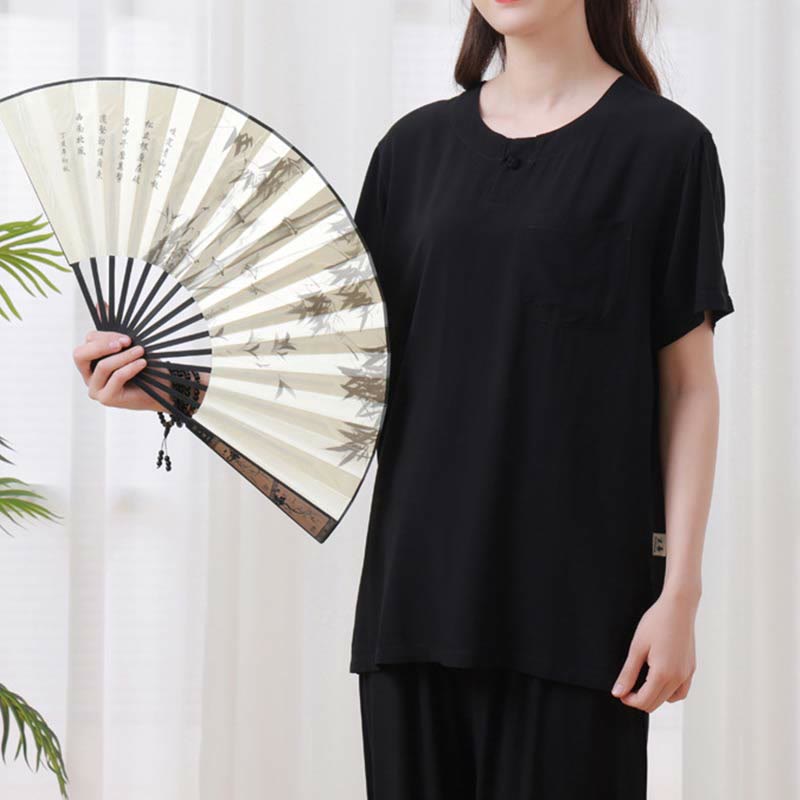 Buddha Stones 2pcs Plain Color Frog-Button Simple Design Crew Neck Design Half Sleeve Shirt Top Elastic Waist Pants Meditation Zen Tai Chi Cotton Clothing Women's Set