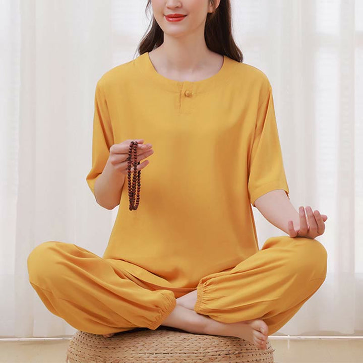Buddha Stones 2pcs Plain Color Frog-Button Simple Design Crew Neck Design Half Sleeve Shirt Top Elastic Waist Pants Meditation Zen Tai Chi Cotton Clothing Women's Set