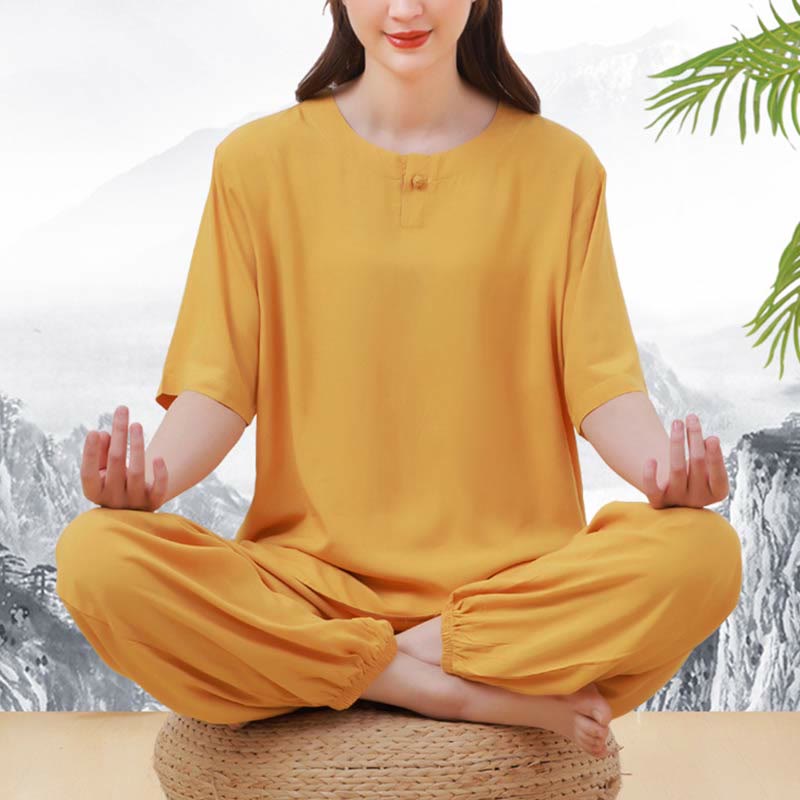 Buddha Stones 2pcs Plain Color Frog-Button Simple Design Crew Neck Design Half Sleeve Shirt Top Elastic Waist Pants Meditation Zen Tai Chi Cotton Clothing Women's Set
