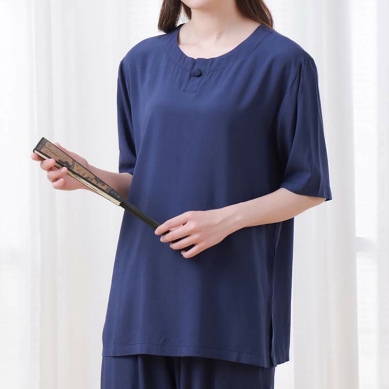 Buddha Stones 2pcs Plain Color Frog-Button Simple Design Crew Neck Design Half Sleeve Shirt Top Elastic Waist Pants Meditation Zen Tai Chi Cotton Clothing Women's Set