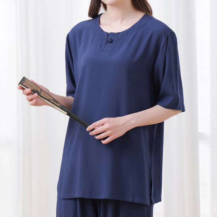 Buddha Stones 2pcs Plain Color Frog-Button Simple Design Crew Neck Design Half Sleeve Shirt Top Elastic Waist Pants Meditation Zen Tai Chi Cotton Clothing Women's Set