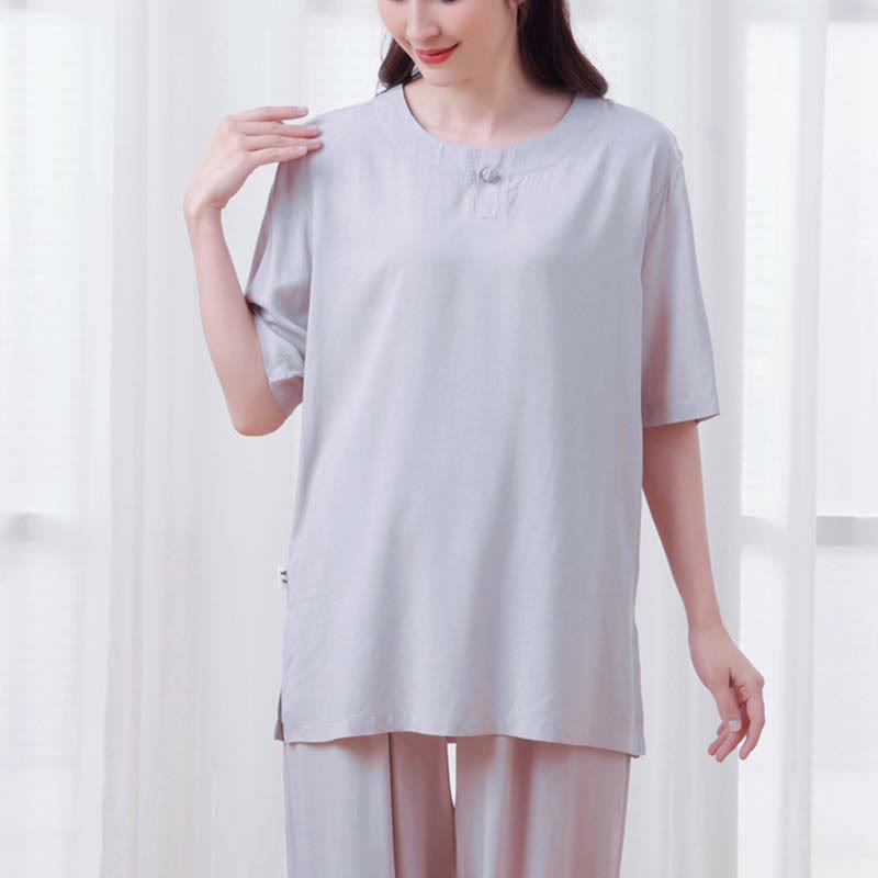 Buddha Stones 2pcs Plain Color Frog-Button Simple Design Crew Neck Design Half Sleeve Shirt Top Elastic Waist Pants Meditation Zen Tai Chi Cotton Clothing Women's Set