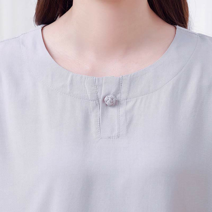 Buddha Stones 2pcs Plain Color Frog-Button Simple Design Crew Neck Design Half Sleeve Shirt Top Elastic Waist Pants Meditation Zen Tai Chi Cotton Clothing Women's Set