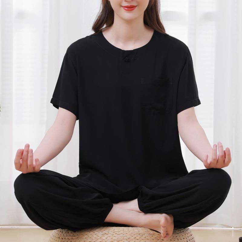 Buddha Stones 2pcs Plain Color Frog-Button Simple Design Crew Neck Design Half Sleeve Shirt Top Elastic Waist Pants Meditation Zen Tai Chi Cotton Clothing Women's Set