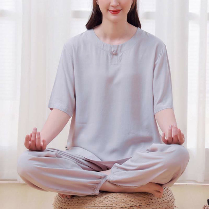 Buddha Stones 2pcs Plain Color Frog-Button Simple Design Crew Neck Design Half Sleeve Shirt Top Elastic Waist Pants Meditation Zen Tai Chi Cotton Clothing Women's Set