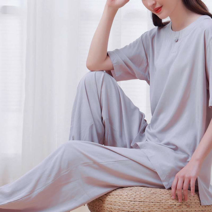 Buddha Stones 2pcs Plain Color Frog-Button Simple Design Crew Neck Design Half Sleeve Shirt Top Elastic Waist Pants Meditation Zen Tai Chi Cotton Clothing Women's Set