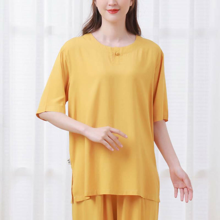 Buddha Stones 2pcs Plain Color Frog-Button Simple Design Crew Neck Design Half Sleeve Shirt Top Elastic Waist Pants Meditation Zen Tai Chi Cotton Clothing Women's Set