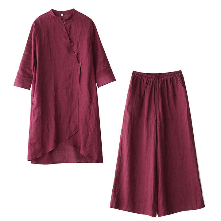 Buddha Stones Casual 2pcs Plain Three Quarter Sleeve Slanted Collar Shirt Top Skirt With Pockets Meditation Zen Tai Chi Clothing Women's Set - image 18