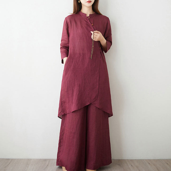 Buddha Stones Casual 2pcs Plain Three Quarter Sleeve Slanted Collar Shirt Top Skirt With Pockets Meditation Zen Tai Chi Clothing Women's Set - image 3