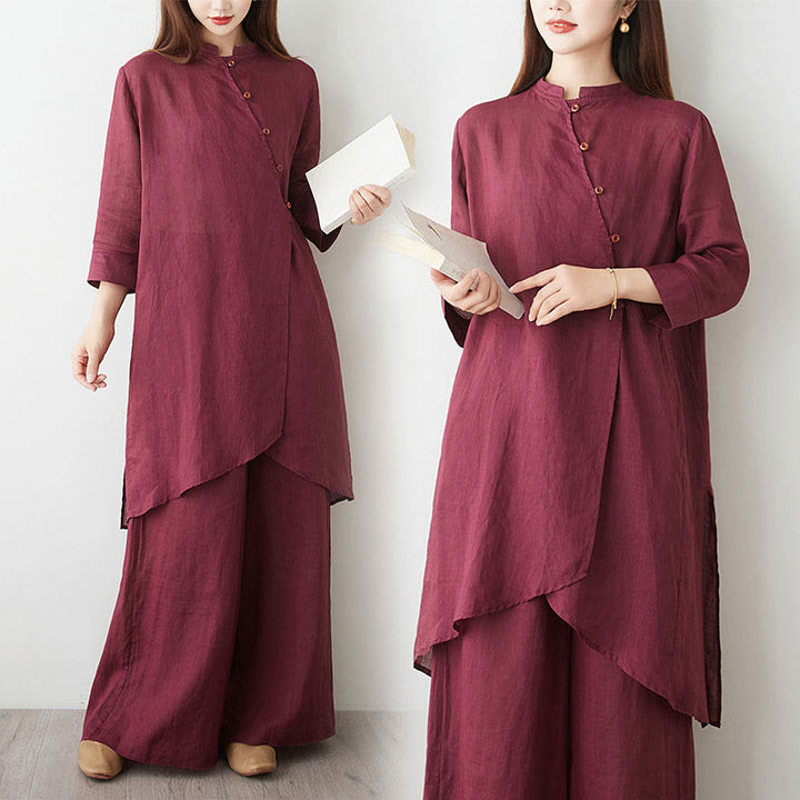 Buddha Stones Casual 2pcs Plain Three Quarter Sleeve Slanted Collar Shirt Top Skirt With Pockets Meditation Zen Tai Chi Clothing Women's Set - FireBrick - US8-10,UK/AU12-14,EU40-42 (2XL) - image 0
