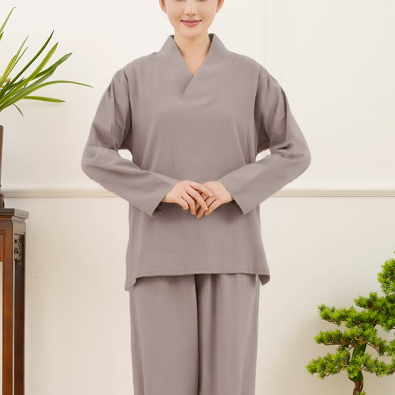 Buddha Stones Casual 2pcs Plain Long Sleeve Crumpling Design Shirt Top Skirt With Pockets Meditation Zen Tai Chi Clothing Women's Set