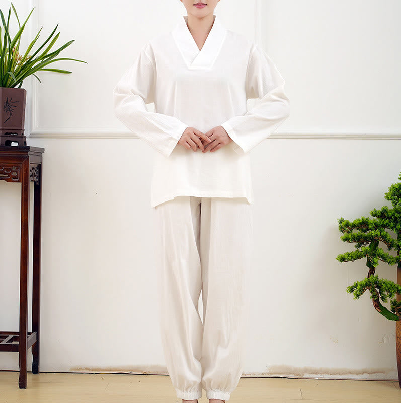 Buddha Stones Casual 2pcs Plain Long Sleeve Crumpling Design Shirt Top Skirt With Pockets Meditation Zen Tai Chi Clothing Women's Set