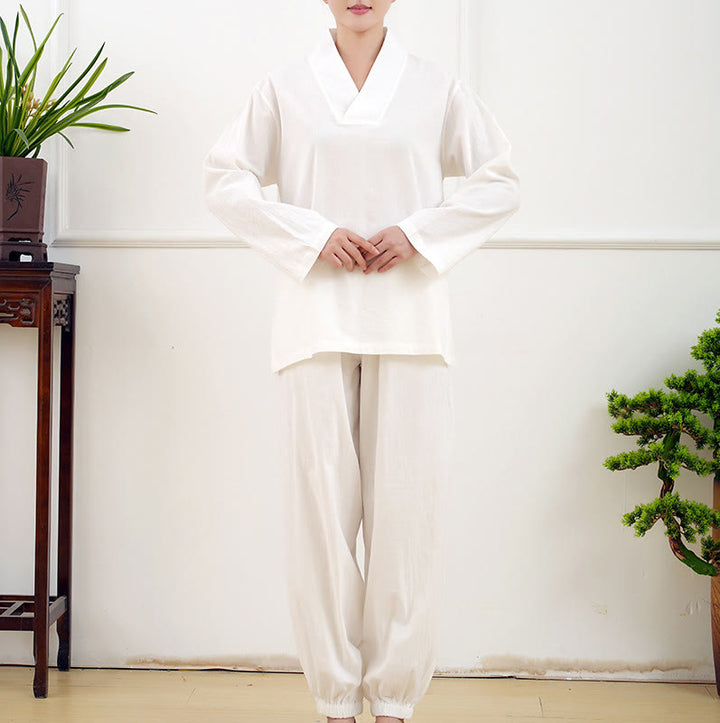 Buddha Stones Casual 2pcs Plain Long Sleeve Crumpling Design Shirt Top Skirt With Pockets Meditation Zen Tai Chi Clothing Women's Set