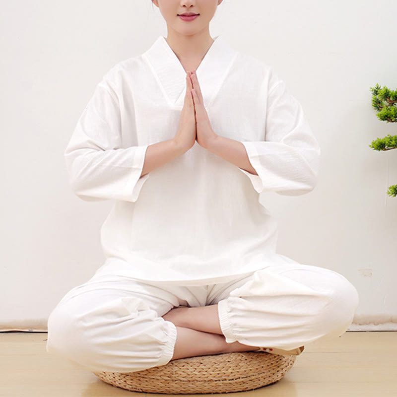 Buddha Stones Casual 2pcs Plain Long Sleeve Crumpling Design Shirt Top Skirt With Pockets Meditation Zen Tai Chi Clothing Women's Set