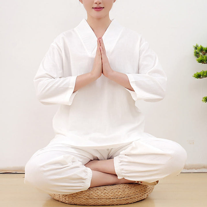 Buddha Stones Casual 2pcs Plain Long Sleeve Crumpling Design Shirt Top Skirt With Pockets Meditation Zen Tai Chi Clothing Women's Set