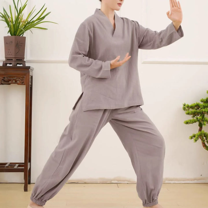 Buddha Stones Casual 2pcs Plain Long Sleeve Crumpling Design Shirt Top Skirt With Pockets Meditation Zen Tai Chi Clothing Women's Set