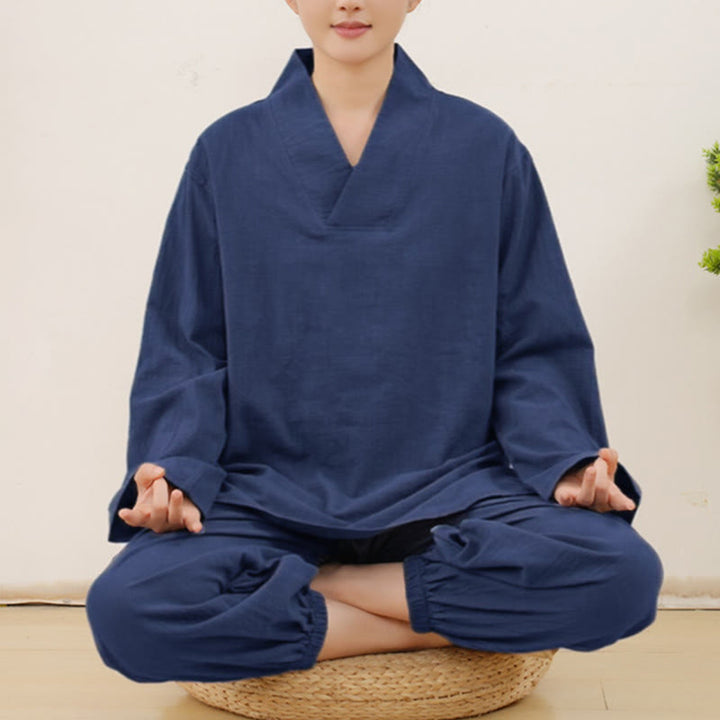 Buddha Stones Casual 2pcs Plain Long Sleeve Crumpling Design Shirt Top Skirt With Pockets Meditation Zen Tai Chi Clothing Women's Set
