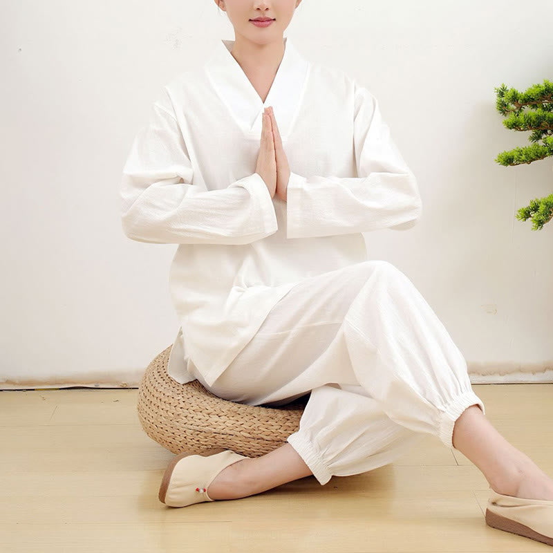 Buddha Stones Casual 2pcs Plain Long Sleeve Crumpling Design Shirt Top Skirt With Pockets Meditation Zen Tai Chi Clothing Women's Set