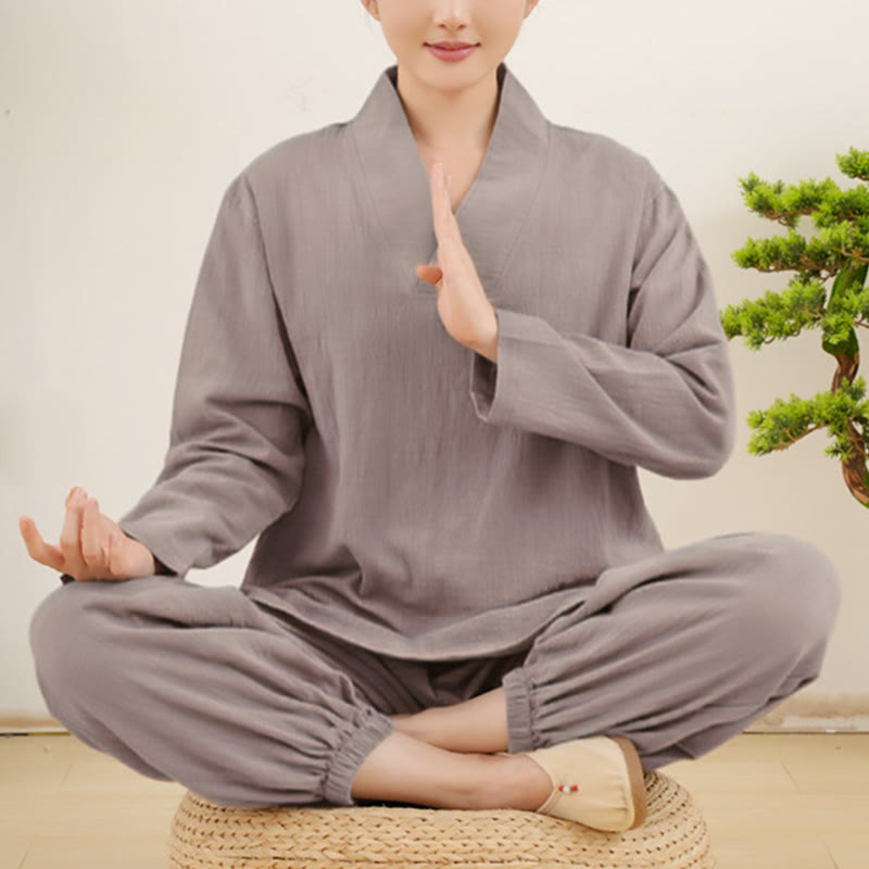 Buddha Stones Casual 2pcs Plain Long Sleeve Crumpling Design Shirt Top Skirt With Pockets Meditation Zen Tai Chi Clothing Women's Set